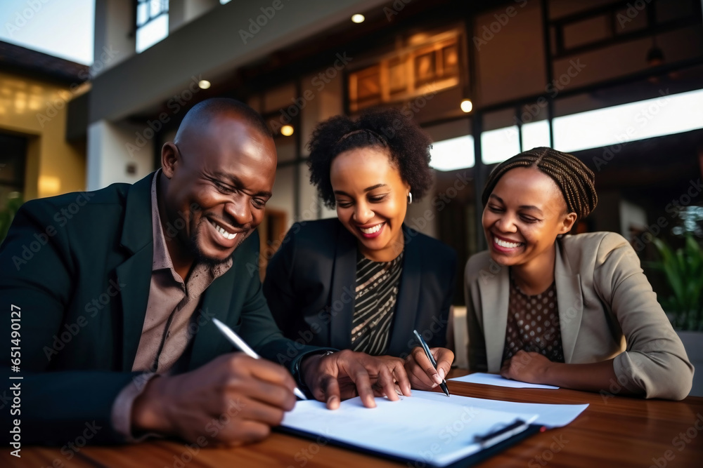 The African American family enters into a lease or purchase agreement for real estate. Business meeting when renting and buying a house, apartment. Mortgage. Affordable housing. The African American family enters into a lease or purchase agreement for real estate. Business meeting when renting and buying a house, apartment. Mortgage. Affordable housing.