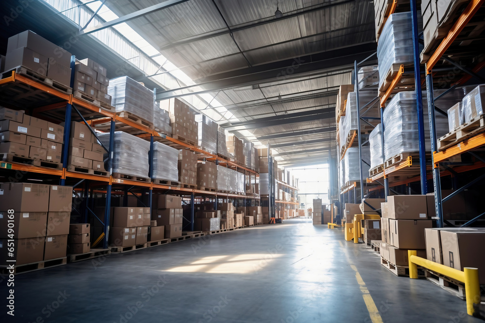 A large warehouse filled with neatly stacked boxes. Selective focus. Large space for storing and moving goods. Logistics. Trade in the modern world. A large warehouse filled with neatly stacked boxes. Selective focus. Large space for storing and moving goods. Logistics. Trade in the modern world.