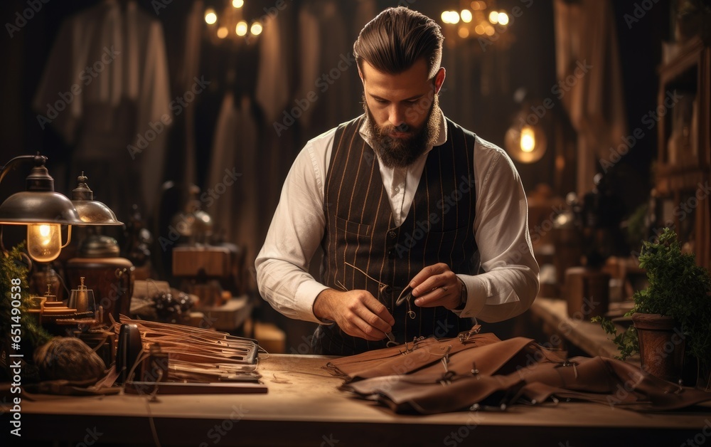 Tailor male working near wooden table in amazing atelier with antique furniture. Generative AI Tailor male working near wooden table in amazing atelier with antique furniture. Generative AI