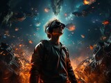Man standing with virtual reality goggles and background, in the style of cosmic, photorealistic scenes, hyper-realistic atmospheres, hyper-realistic depiction of outer space
