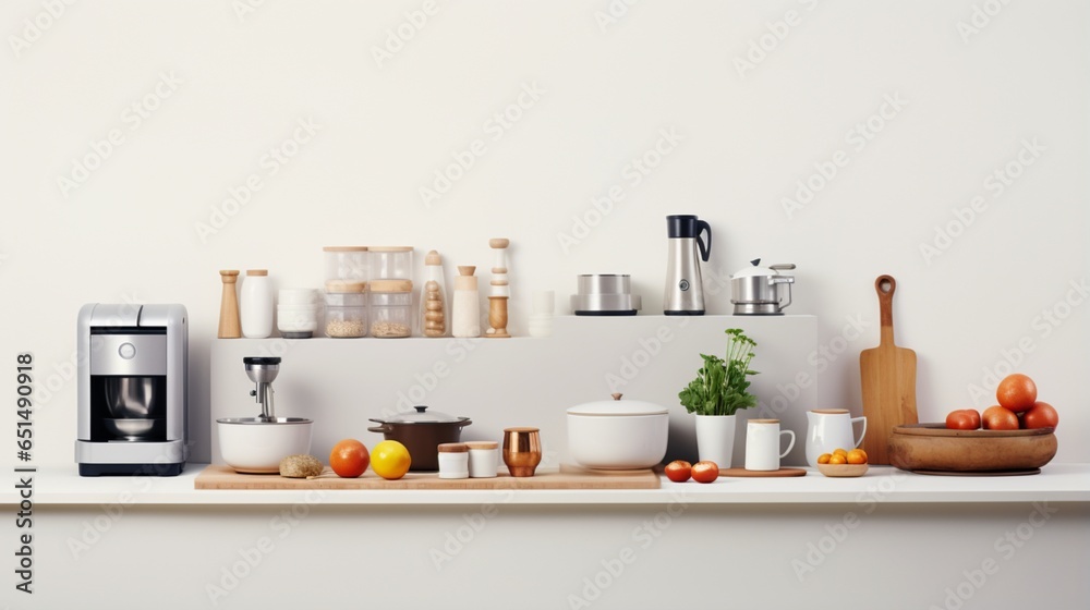 A culinary appliance and its accompanying accessories are showcased against a clean white backdrop