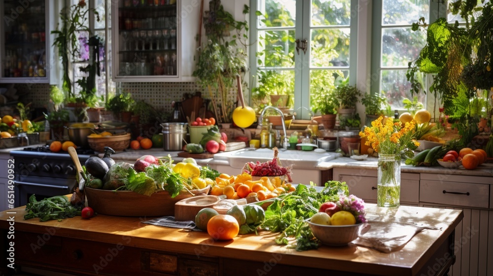 a culinary masterpiece is underway in kitchen, with a countertop adorned with a delightful chaos of ingredients and kitchen accessories