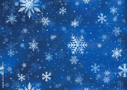 Winter Christmas Seamless Pattern with Glittering Snowflakes on Blue Background
