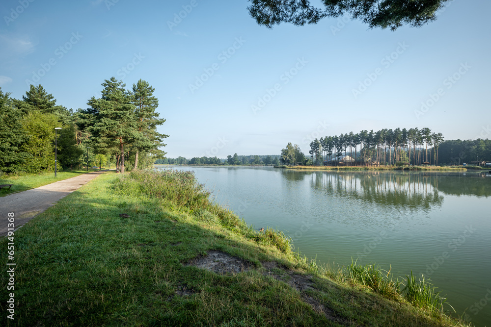 Cool early morning on the reservoir. Morning light. Dew on the grass. The peninsula is covered with a pine forest. Krasnobrod, Roztocze, Poland