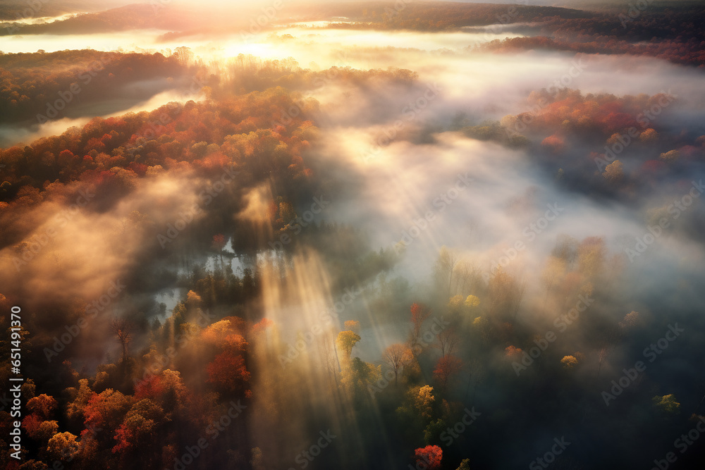 Fototapeta premium Aerial view landscape the forest with sun behind the mist all around, colorful autumnal on morning light.