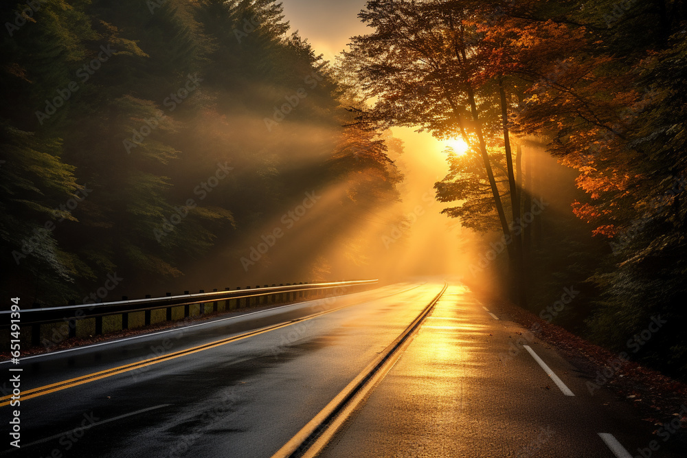 view landscape on the roadway with autumnal maple forest and the mist, colorful autumnal on morning light.
