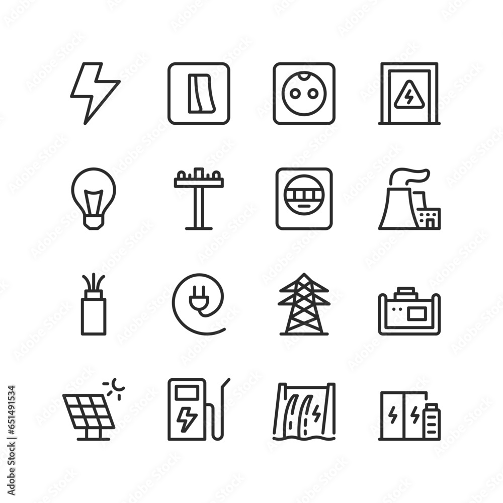 Fototapeta premium Electricity, linear style icons set. Electricity infrastructure and industry. Electricity lines supply systems. Editable stroke width