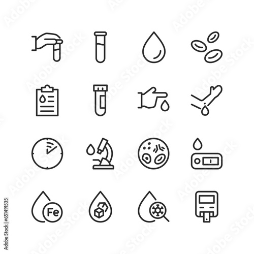 Laboratory Blood Test, linear style icons set. Blood component test, analysis and research, blood cell detection, indices. Virus and antibody testing. Editable stroke width
