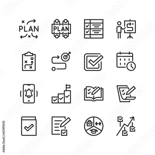 Successful planning, linear style icons set. Make a plan for important tasks. Achieve a goal with an organised plan and strategy. Planning day, allocate time to productivity. Editable stroke width