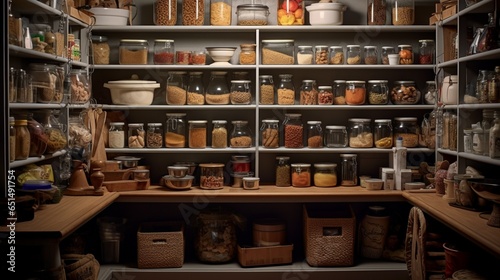 a pantry closet view Inside a cozy cottage-style home, where every food item finds its place in an organized arrangement © Pretty Panda