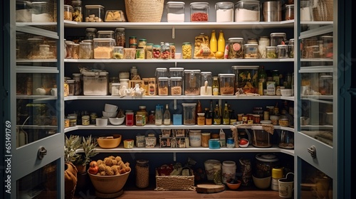 a pantry closet view Inside a cozy cottage-style home, where every food item finds its place in an organized arrangement photo