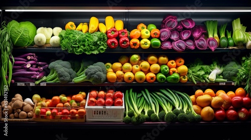 A shelf in the supermarket is full with a colorful assortment of fresh fruits and vegetables with their natural vibrancy