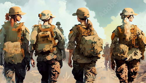 Mujeres soldado caminando con equipo en la espalda. photo