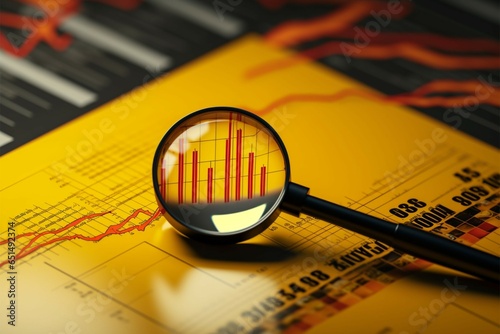 Financial report on yellow backdrop with growth focused graphs, arrows, and magnifier photo