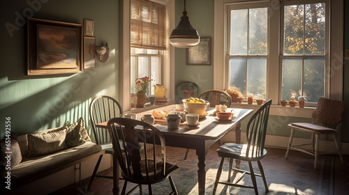 Cozy Breakfast Nook Bathed in Soft Morning Light, Rustic Wooden Table & Chairs - Created using Generative AI