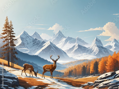 Beautiful mountain landscape with deer. AI