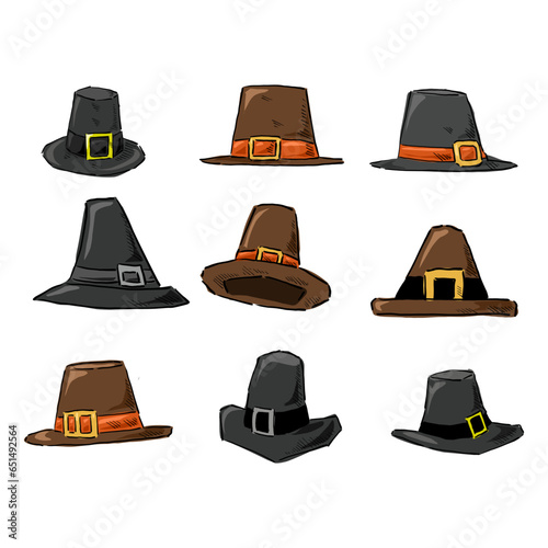 set of pilgrim hat drawing vector