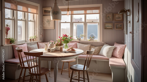 Inviting Breakfast Corner in Warm Pastels, Rustic Table & Chairs - Created using Generative AI