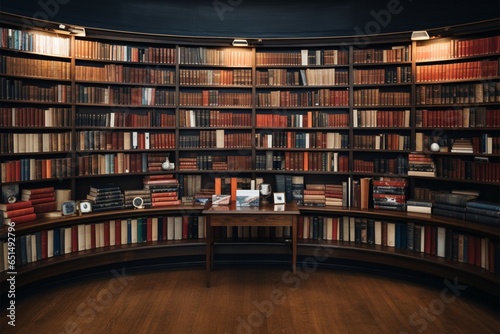 Well organized books grace a brown wooden shelf with timeless elegance
