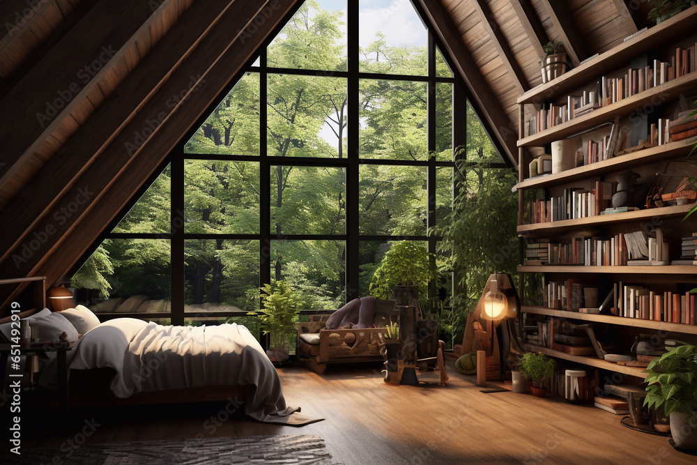 home interior design of modern sleeping room with bookshelves and windows in a loft style