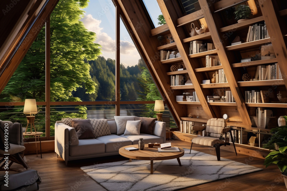 home interior design of modern living rooma room with bookshelves and windows in a loft style