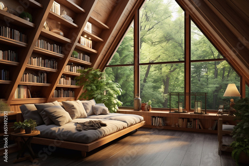 home interior design of modern sleeping room with bookshelves and windows in a loft style