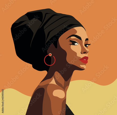 Portrait of a black African girl. Side pose. Turban on the head. Beautiful headband. African woman. Poster card for Women's Day. Vector flat illustration.