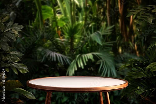 Jungle table background. Interior table for a cosmetic item against the backdrop of tropical plants  palms and jungle  Generative AI 