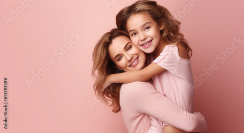 a mother hugging a girl on pink background