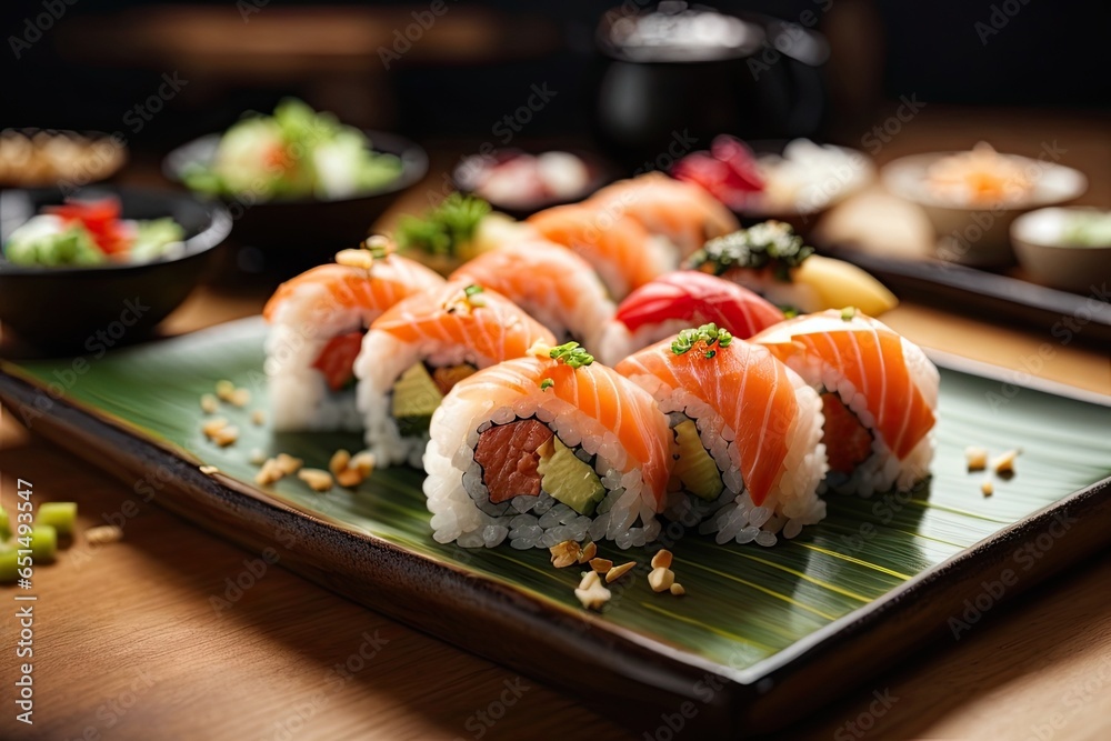 Delicious and Juicy Assorted Sushi Platter in Japanese Style Kitchen, AI Generated Delicious and Juicy Assorted Sushi Platter in Japanese Style Kitchen, AI Generated