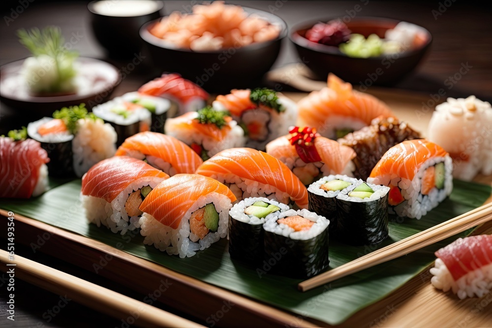 Delicious and Juicy Assorted Sushi Platter in Japanese Style Kitchen, AI Generated Delicious and Juicy Assorted Sushi Platter in Japanese Style Kitchen, AI Generated