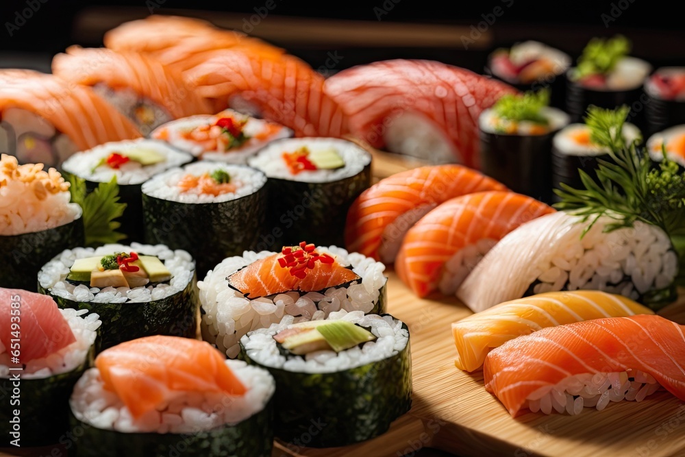 Delicious and Juicy Assorted Sushi Platter in Japanese Style Kitchen, AI Generated Delicious and Juicy Assorted Sushi Platter in Japanese Style Kitchen, AI Generated