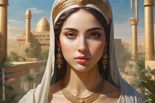 princess of babylon The beautiful Babylonian queen in the hanging gardens of Babylon. Tower of Babel and the beautiful queen. photo