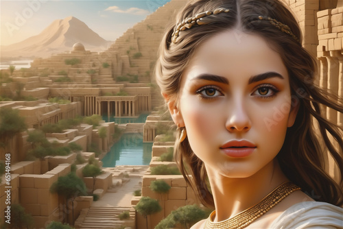 princess of babylon The beautiful Babylonian queen in the hanging gardens of Babylon. Tower of Babel and the beautiful queen. photo