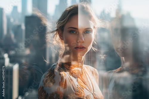 Creative double exposure portrait of fashion white woman on abstract modern city urban background. The concept of a successful, confident, feminine and beautiful female.