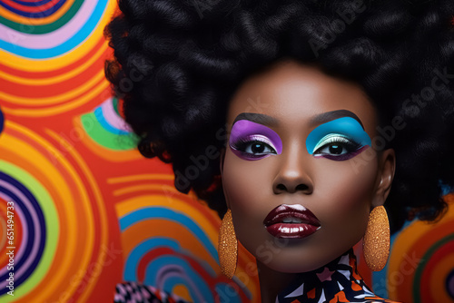 Portrait of beautiful artistic pop art style fashion woman with bright expressive make-up. Glamorous colorful avant-garde female concept.