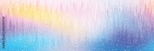 Dreamy winter forest, snowfall and bokeh effect, seamless border, panoramic view, vector illustration 