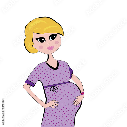 Mujer embarazada con vestido lila.