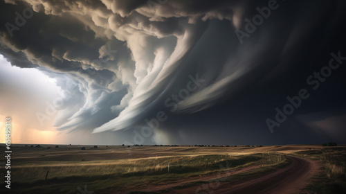 Dramatic sky filled with swirling tornadoes approaching a barren landscape