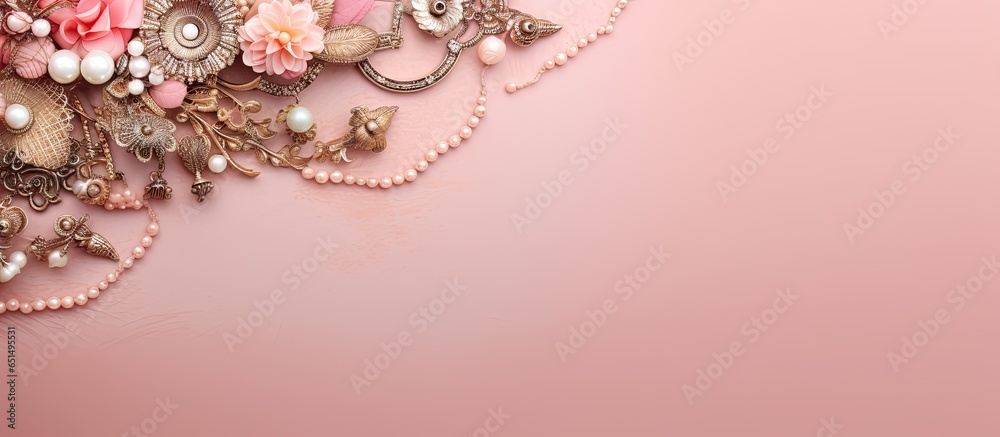 Asian jewelry worn in traditional ethnic fashion isolated pastel background Copy space Asian jewelry worn in traditional ethnic fashion isolated pastel background Copy space