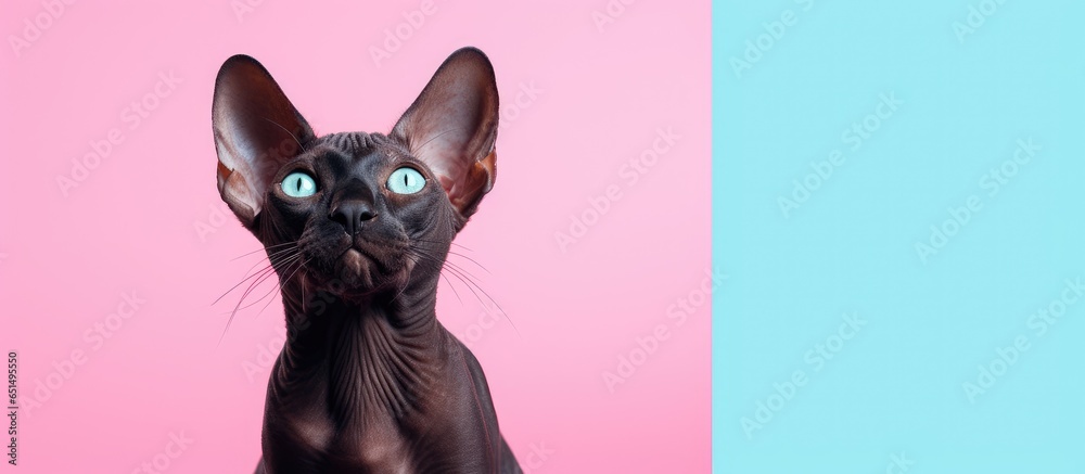 Ukrainian Levkoy breed of purebred sphinx cat standing alone on a isolated pastel background Copy space