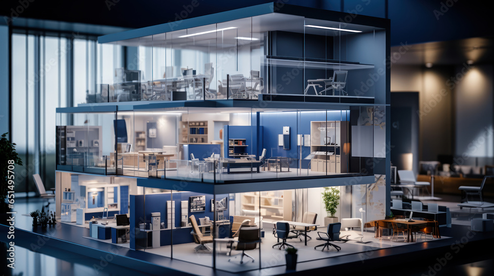 Fototapeta premium Modern office setting with architectural blueprints and 3D building models