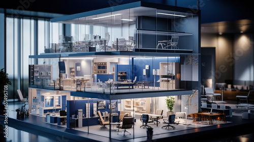 Fototapeta Modern office setting with architectural blueprints and 3D building models