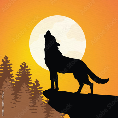 Wolf standing on cliff and howling at moon isolated on evening background