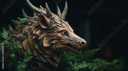 animal sculpture made of fine wood, cinematic color grading © Hiro
