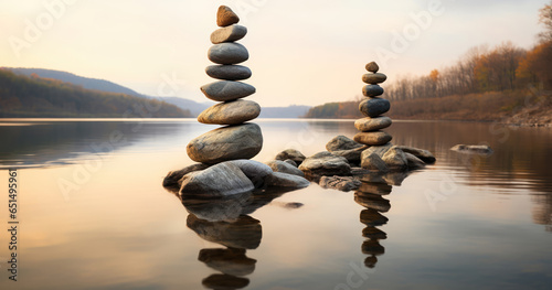 Delicately balanced rocks forming a natural sculpture by a riverside