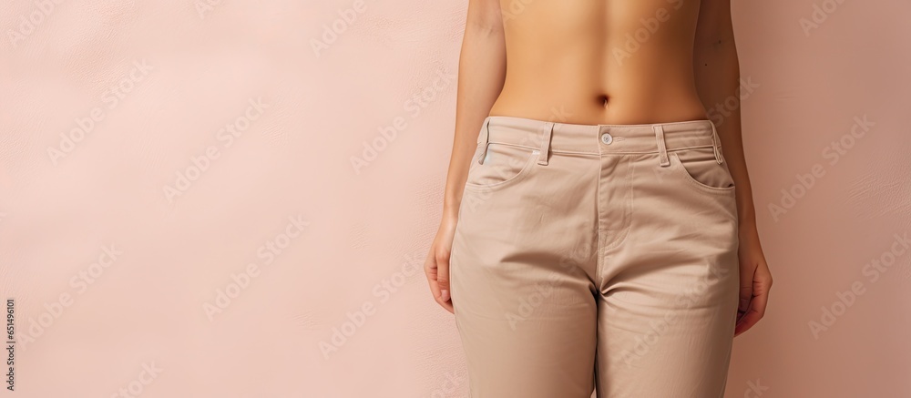 pants on a woman against a isolated pastel background Copy space - obrazy, fototapety, plakaty 