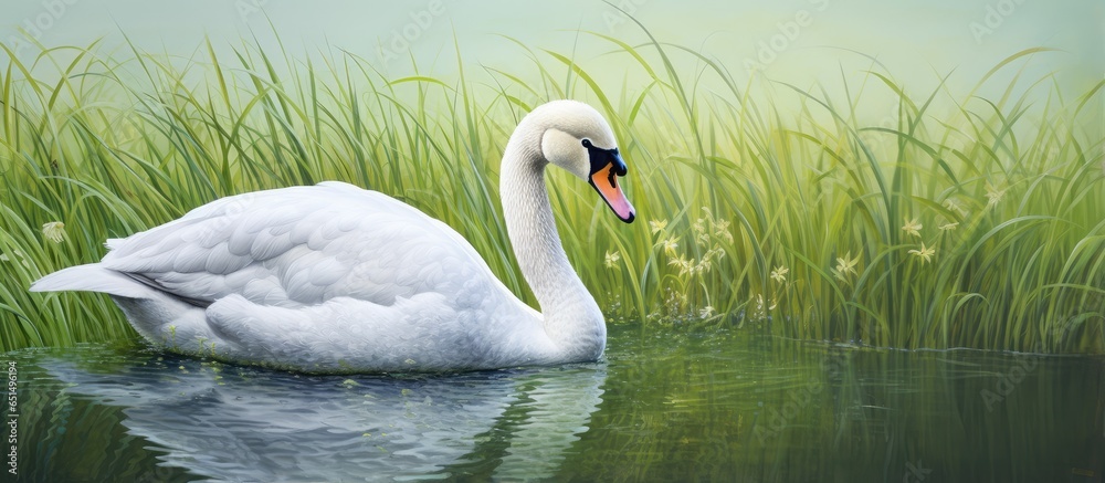 Obraz premium Lonely swan on meadow isolated pastel background Copy space