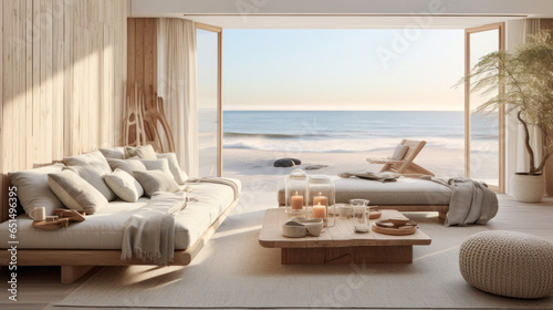 Scandinavian Beachfront Retreat A serene space with direct beach access, featuring light wood furniture, coastal decor, and a soothing color palette 