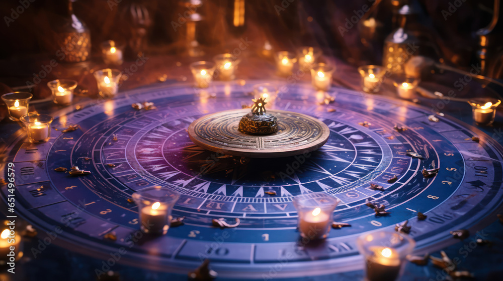 An intricate zodiac wheel illuminated by candlelight An intricate zodiac wheel illuminated by candlelight